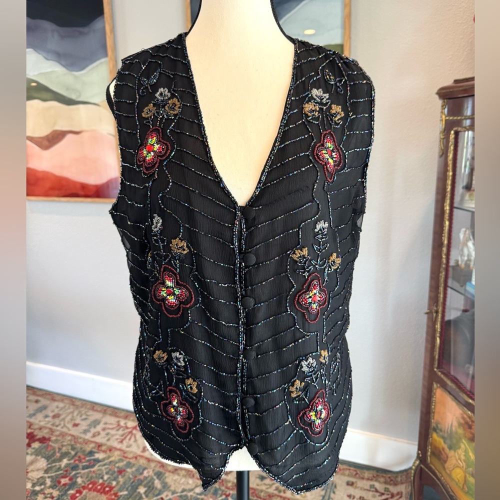 Vintage Embroidered Black Silk Floral Vest - Picture 2 of 11